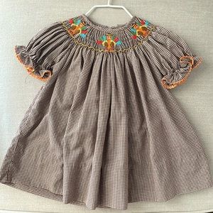 Petit Bebe Smocked Turkey Dress, 6 Mo, Brown and White Check with Orange Trim